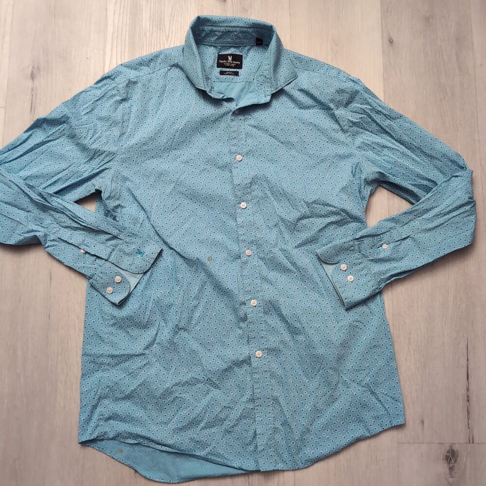 Psycho Bunny Shirt Men Size 16 34/35  Turquoise Flowers Psycho Bunny Long Sleeve